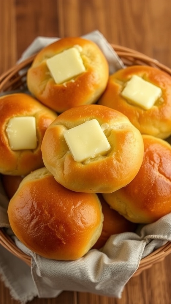 A basket of fluffy butter rolls, golden brown and glistening with butter, on a rustic wooden table.